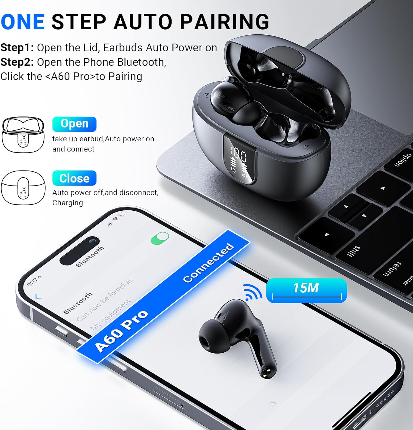 Wireless Earbuds, Wireless Bluetooth 5.3 Headphones In Ear with 4 ENC Noise Cancelling Mic, 2024 New Bluetooth Earphones Deep Bass Stereo Sound 42H Playtime LED Display PX7 Waterproof Ear buds USB - C - Amazing Gadgets Outlet