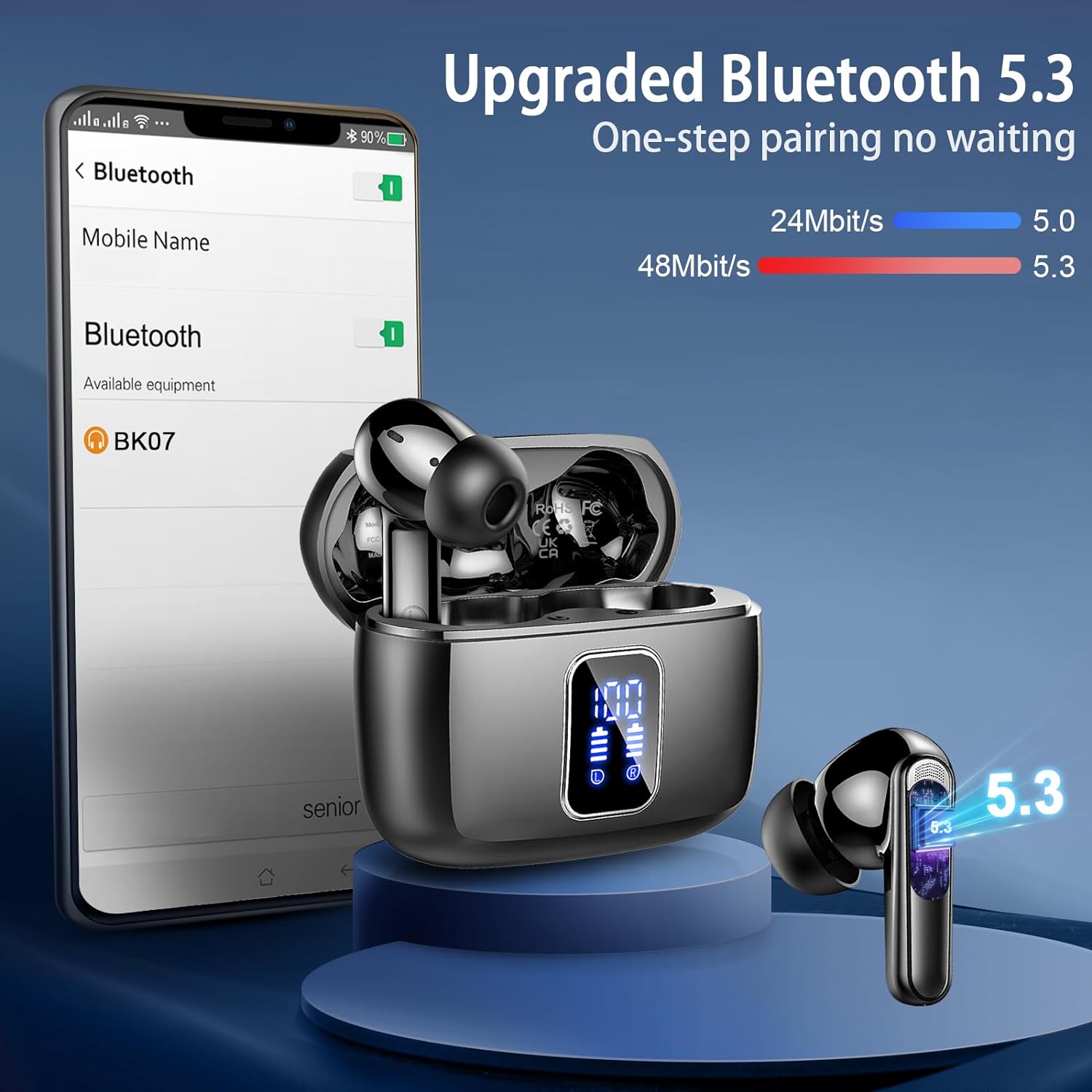 Wireless Earbuds, Wireless Headphones Bluetooth 5.3 Earphones, 48H Playtime HD Stereo In Ear buds, 4 ENC Noise Cancelling Mic Wireless Earphones, LED Display, IP7 Waterproof, Mini Ultra Light, Black - Amazing Gadgets Outlet