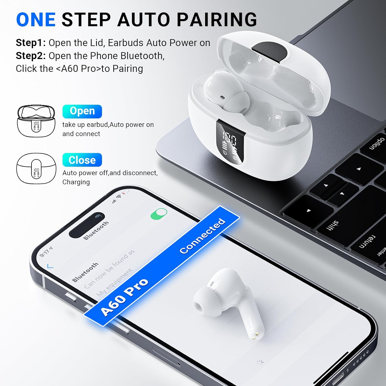 Wireless Earbuds, Wireless Headphones Bluetooth 5.3 Earphones In Ear 4 Mic HD Calling, 2024 New Bluetooth Earbuds HiFi Stereo Deep Bass 42H Playtime LED Display IP7 Waterproof Wireless Earphones White - Amazing Gadgets Outlet