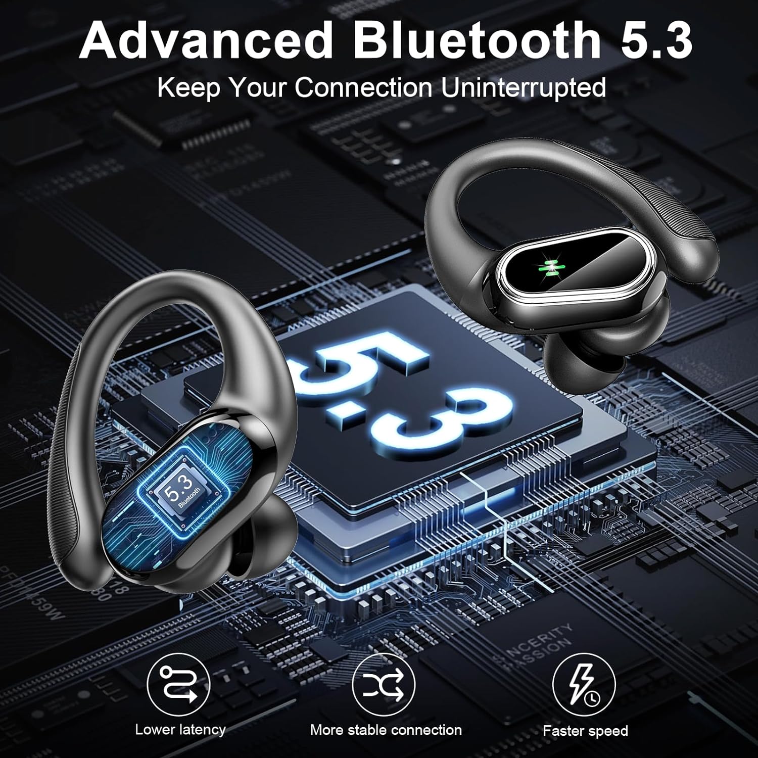 Wireless Earbuds, Wireless Headphones Stereo Noise Cancelling Earbuds with Mic, 50H Bluetooth 5.3 Headphones Dual LED Display, Sport Ear Buds with EarHooks, IP7 Waterproof Wireless Earphones Running - Amazing Gadgets Outlet