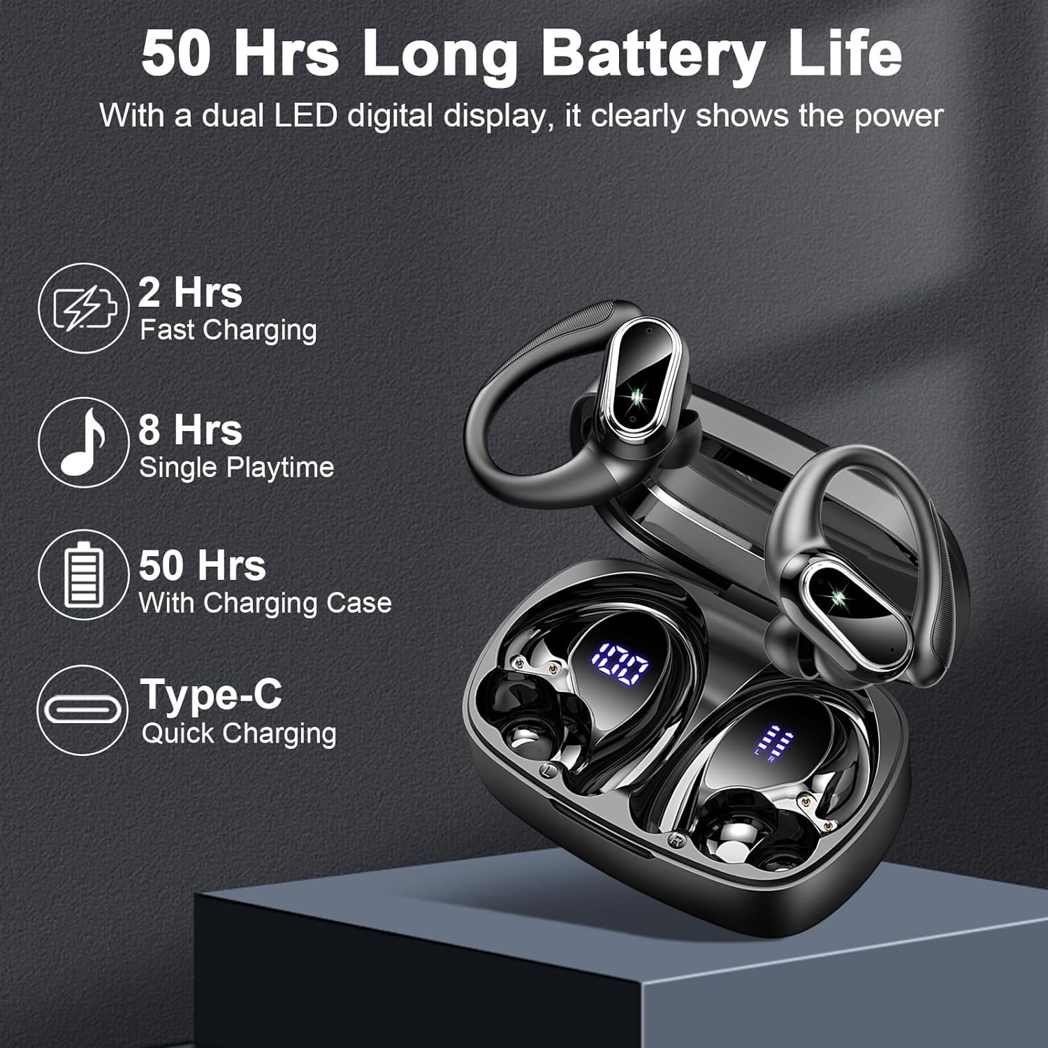 Wireless Earbuds, Wireless Headphones Stereo Noise Cancelling Earbuds with Mic, 50H Bluetooth 5.3 Headphones Dual LED Display, Sport Ear Buds with EarHooks, IP7 Waterproof Wireless Earphones Running - Amazing Gadgets Outlet