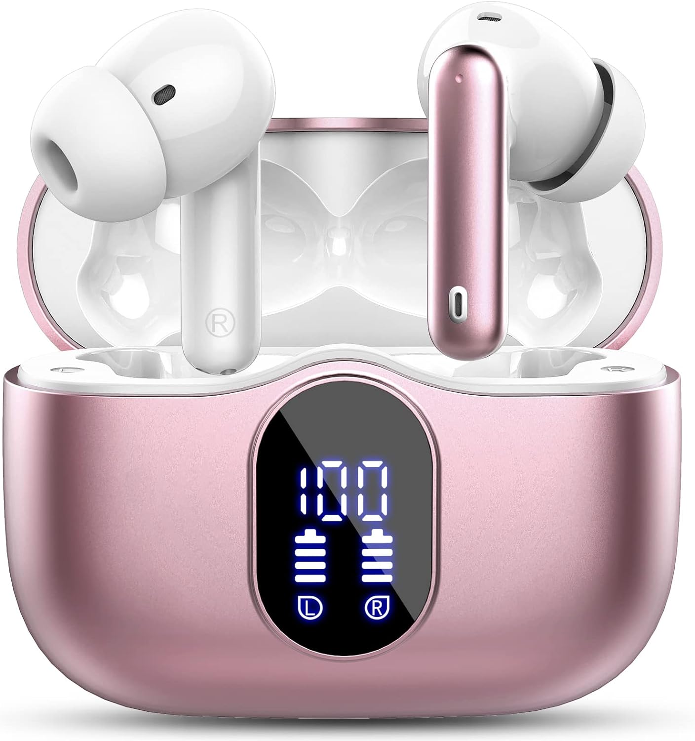 Wireless Earbuds,Bluetooth 5.3 Headphones In Ear with 4 ENC Noise Cancelling Mic,LED Display 2023 Bluetooth Earbuds Mini Deep Bass Stereo Sound,36H Playtime,Wireless Earphones IP7 Waterproof,Rose Gold - Amazing Gadgets Outlet