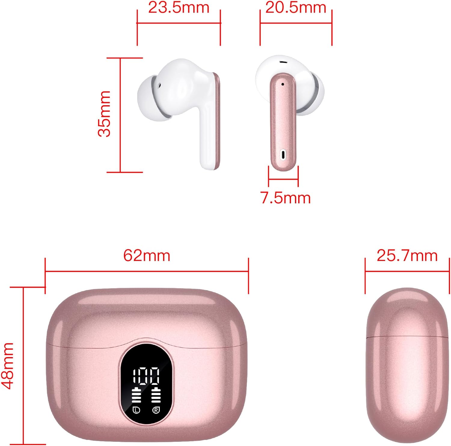 Wireless Earbuds,Bluetooth 5.3 Headphones In Ear with 4 ENC Noise Cancelling Mic,LED Display 2023 Bluetooth Earbuds Mini Deep Bass Stereo Sound,36H Playtime,Wireless Earphones IP7 Waterproof,Rose Gold - Amazing Gadgets Outlet