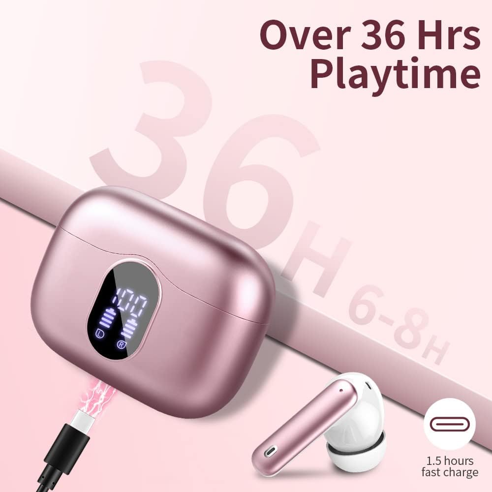 Wireless Earbuds,Bluetooth 5.3 Headphones In Ear with 4 ENC Noise Cancelling Mic,LED Display 2023 Bluetooth Earbuds Mini Deep Bass Stereo Sound,36H Playtime,Wireless Earphones IP7 Waterproof,Rose Gold - Amazing Gadgets Outlet