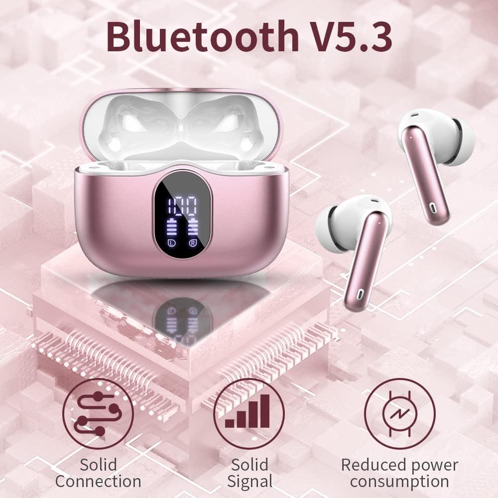 Wireless Earbuds,Bluetooth 5.3 Headphones In Ear with 4 ENC Noise Cancelling Mic,LED Display 2023 Bluetooth Earbuds Mini Deep Bass Stereo Sound,36H Playtime,Wireless Earphones IP7 Waterproof,Rose Gold - Amazing Gadgets Outlet