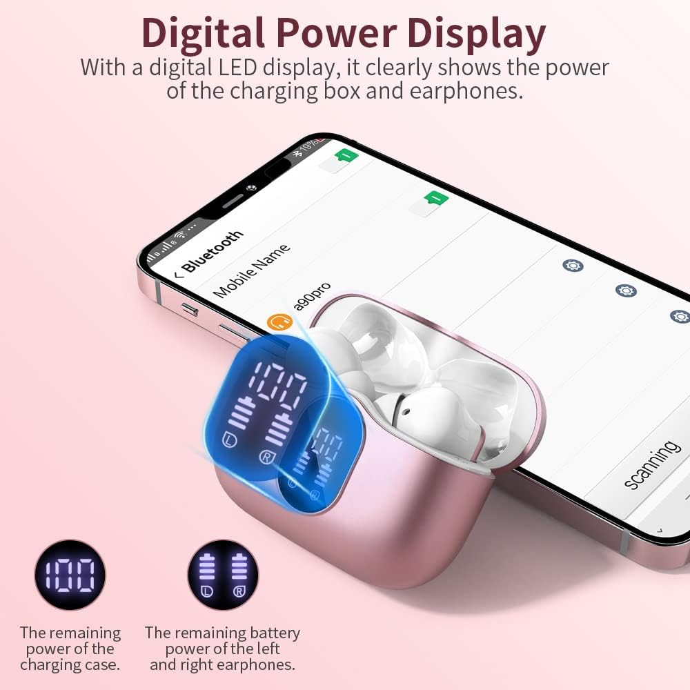 Wireless Earbuds,Bluetooth 5.3 Headphones In Ear with 4 ENC Noise Cancelling Mic,LED Display 2023 Bluetooth Earbuds Mini Deep Bass Stereo Sound,36H Playtime,Wireless Earphones IP7 Waterproof,Rose Gold - Amazing Gadgets Outlet