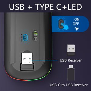 Wireless Mouse for Laptop With 2 USB A to USB C Adapter, 2.4GHZ Bluetooth Mouse Rechargeable, Laptop Mouse Computer Accessories, USB Mouse 3 Buttons - Laptop Mouse Wireless PC Mouse 800 to 2400 Dpi - Amazing Gadgets Outlet