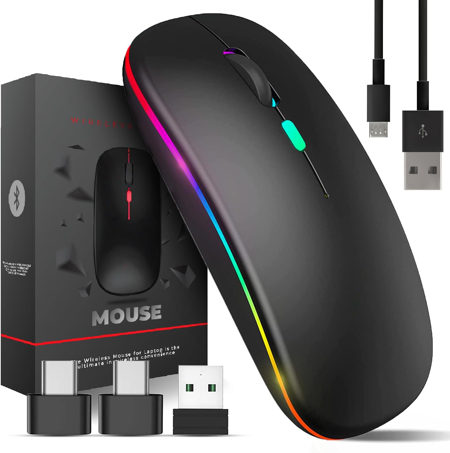 Wireless Mouse for Laptop With 2 USB A to USB C Adapter, 2.4GHZ Bluetooth Mouse Rechargeable, Laptop Mouse Computer Accessories, USB Mouse 3 Buttons - Laptop Mouse Wireless PC Mouse 800 to 2400 Dpi - Amazing Gadgets Outlet