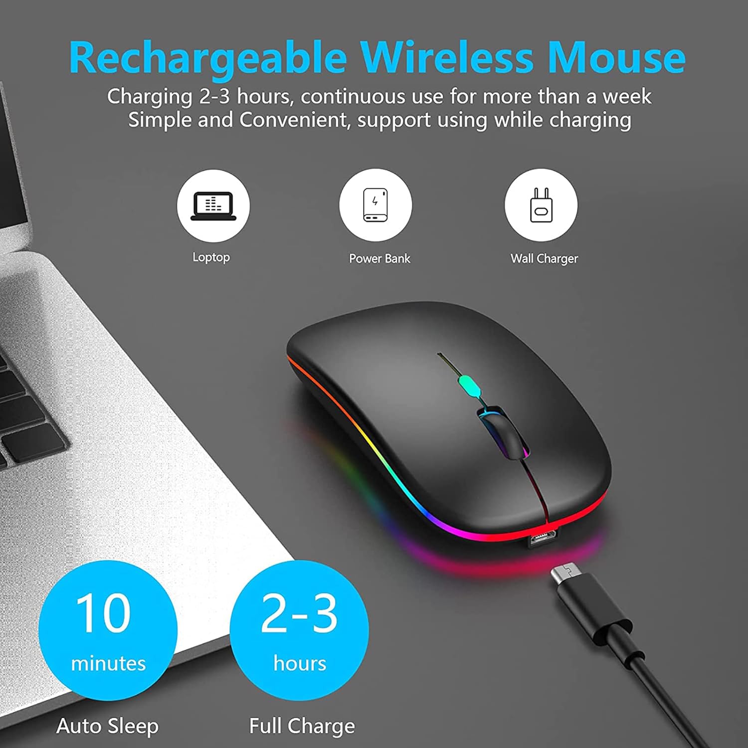 Wireless Mouse for Laptop With 2 USB A to USB C Adapter, 2.4GHZ Bluetooth Mouse Rechargeable, Laptop Mouse Computer Accessories, USB Mouse 3 Buttons - Laptop Mouse Wireless PC Mouse 800 to 2400 Dpi - Amazing Gadgets Outlet