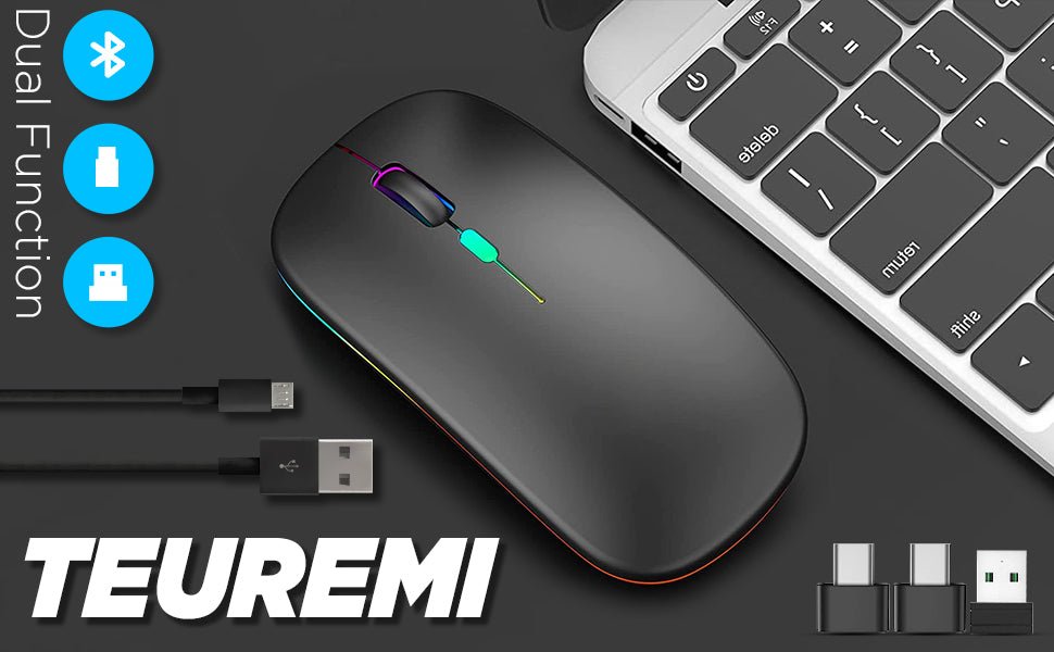 Wireless Mouse for Laptop With 2 USB A to USB C Adapter, 2.4GHZ Bluetooth Mouse Rechargeable, Laptop Mouse Computer Accessories, USB Mouse 3 Buttons - Laptop Mouse Wireless PC Mouse 800 to 2400 Dpi - Amazing Gadgets Outlet