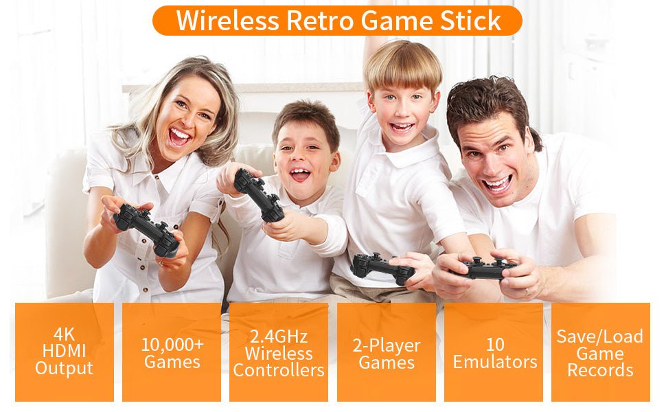 Wireless Retro Game Console, Plug & Play Video TV Game Stick with 20000+ Games, 64G, 9 Emulators, 4K HDMI Nostalgia Stick Game for TV, Dual 2.4G Wireless Controllers - Amazing Gadgets Outlet