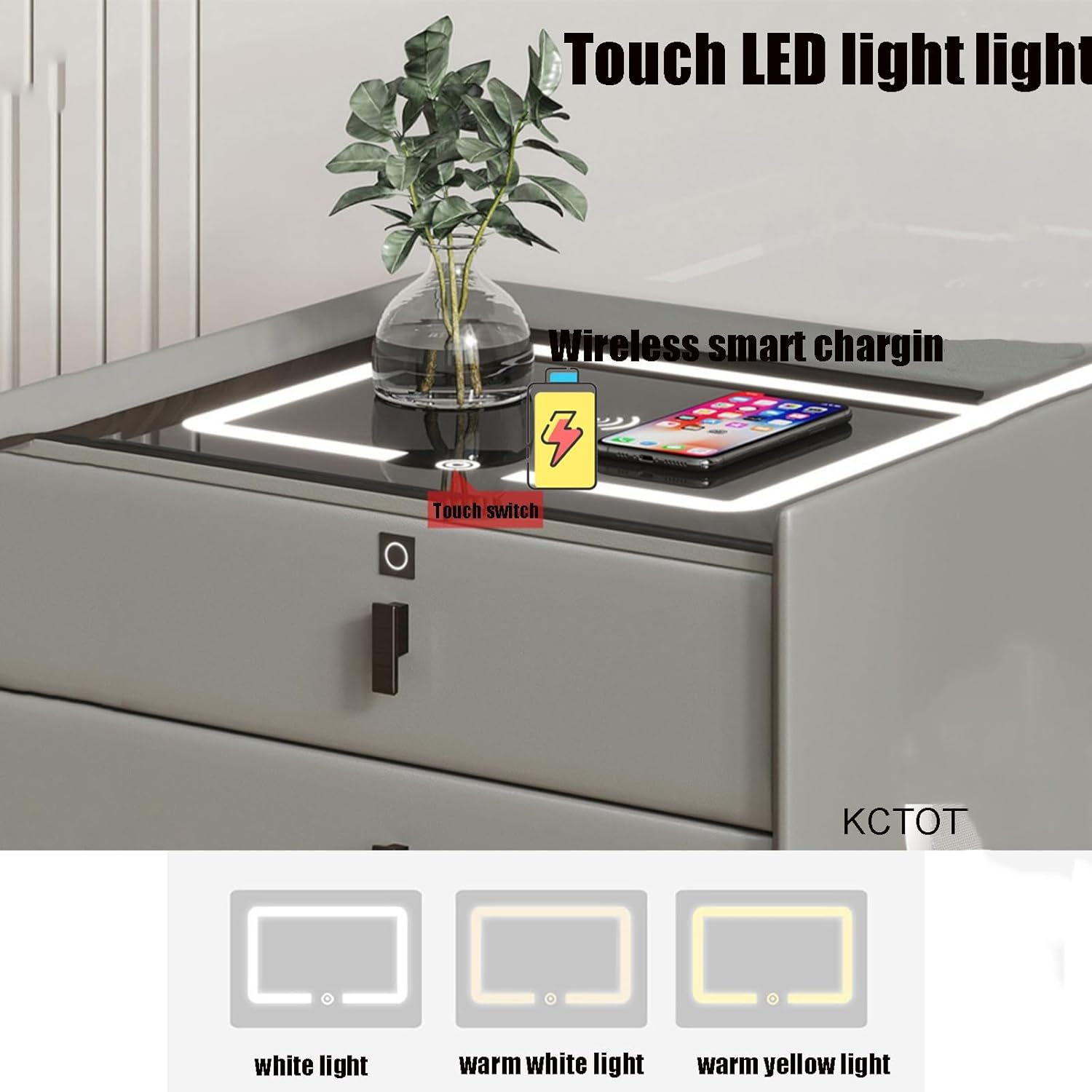 Wireless Smart Charging Nightstand Table with Three - color Light, USB Port, Drawer - Smart Bedside Table for Bedroom - End Table with Integrated Tech - Amazing Gadgets Outlet