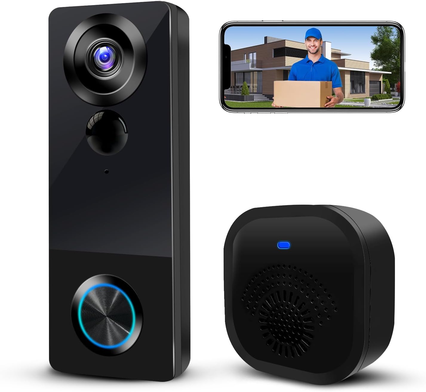 Wireless Video Doorbell Camera with Chime, 1080P HD Smart Door Bells Camera with Voice Changer, PIR Motion Detection, Night Vision, 2 - Way Audio, IP66, 2.4G WiFi, Battery Powered,Works with Alexa - Amazing Gadgets Outlet