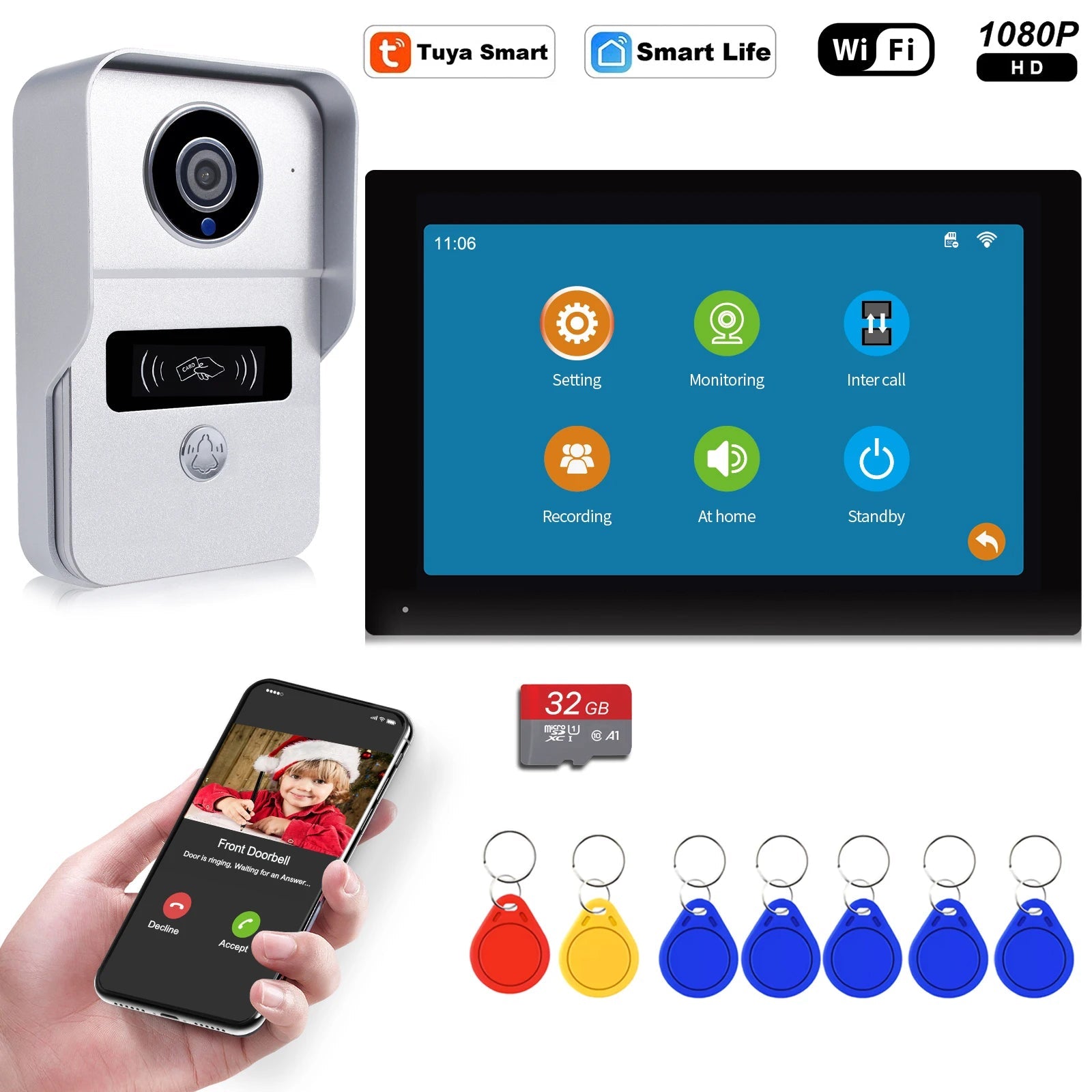 Wireless Wifi Video Doorbell System, 1080P Doorphone Door Camera, 7 Inch Touch Screen, Video Intercom 32GB SD card for Home - Amazing Gadgets Outlet