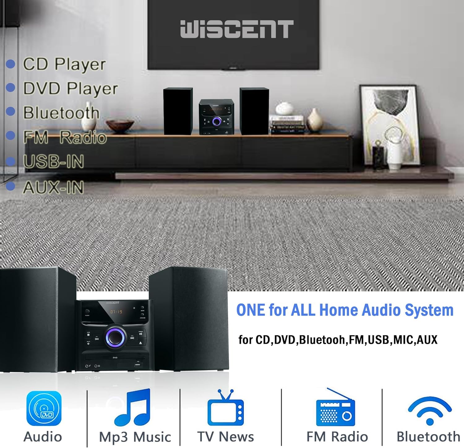 WISCENT Hi - Fi Compact Stereo Systems with Bluetooth, FM Radio,CD Player,Micro DVD Player for Home,USB - MP3 Playback,AUX,MIC,Remote Control,30W, Hi Fi Music System,DSP - Tech - Amazing Gadgets Outlet