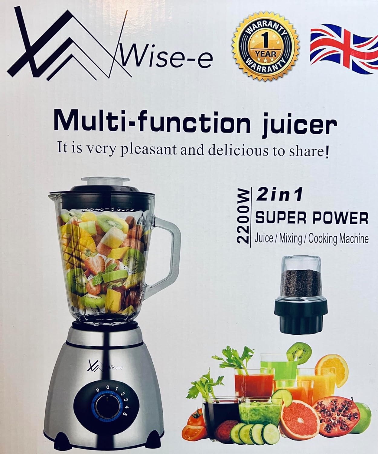 Wise - e Multi Function Blender juicer Food Processor with Glass Jar & a Grinder Strong Housing Smoothie Maker 1.5L Glass Jar Removable Filling Cap for Easy Filling Ice Crushing Function 2200W - Amazing Gadgets Outlet