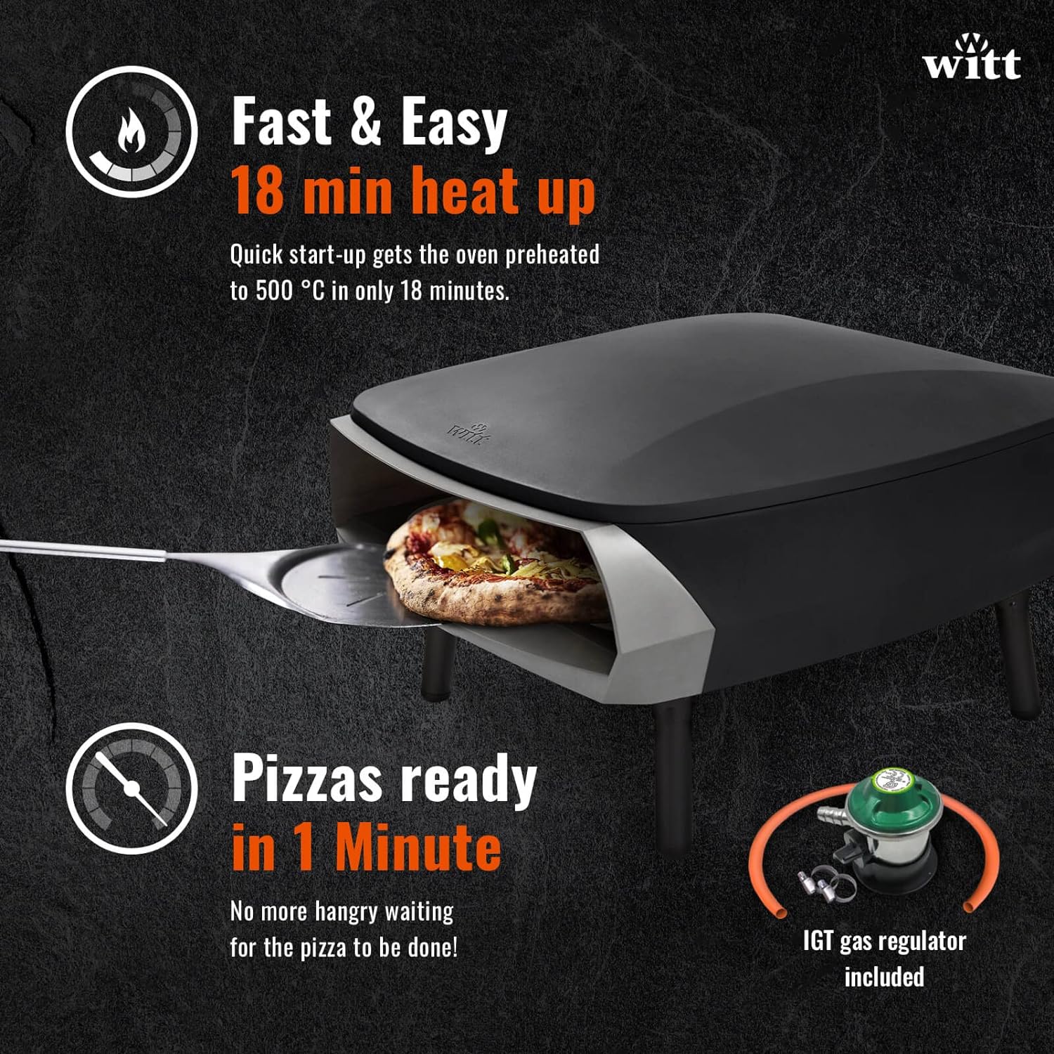 Witt ETNA Fermo Award Winning Pizza Oven - Traditional Pizza Baking - Rapid 500°C Heating, 40.5cm Capacity, 60 - Second Cooking, Even Heat Distribution - Black - Amazing Gadgets Outlet