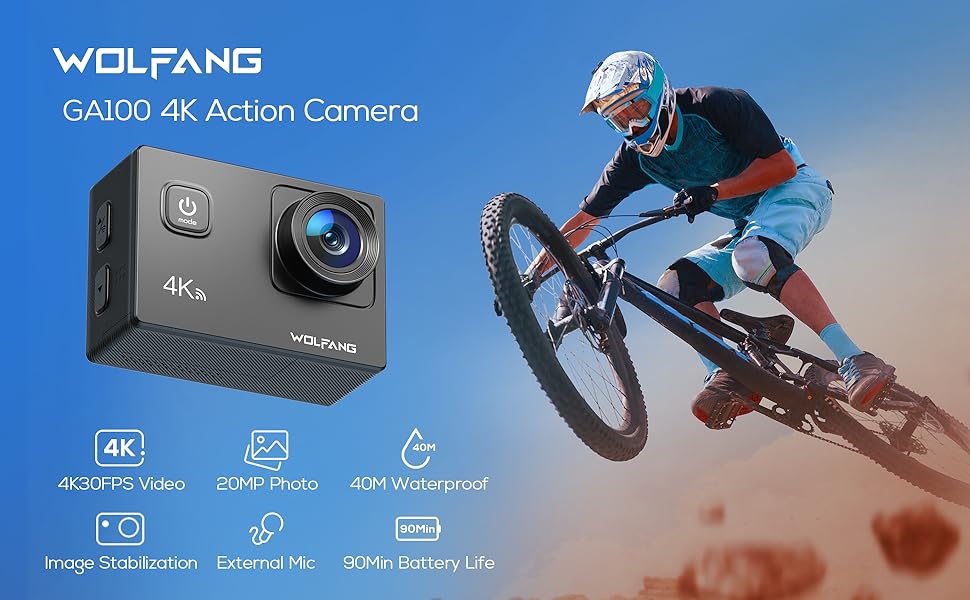 WOLFANG Action Camera 4K 20MP GA100, Waterproof 40M Underwater Camera for Snorkeling, EIS Stabilization WiFi 170° Wide Angle Helmet Camera for Vlogging with External Microphone, Remote Control - Amazing Gadgets Outlet