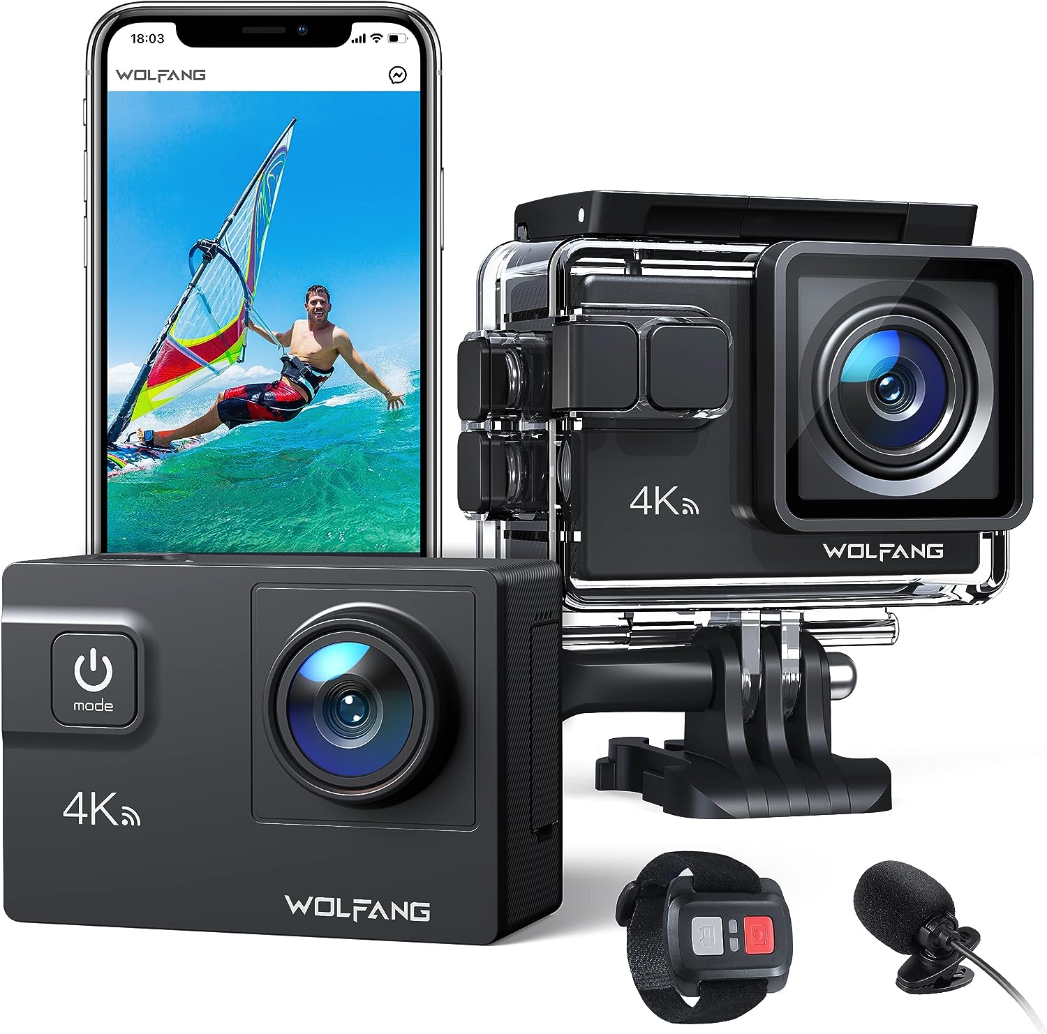 WOLFANG Action Camera 4K 60FPS 24MP GA300, WiFi 8X Zoom EIS Vlogging Camera, 40M Waterproof Underwater Camera for Snorkeling, External Mic, Remote Control and Helmet Accessories Kit for Cycling - Amazing Gadgets Outlet