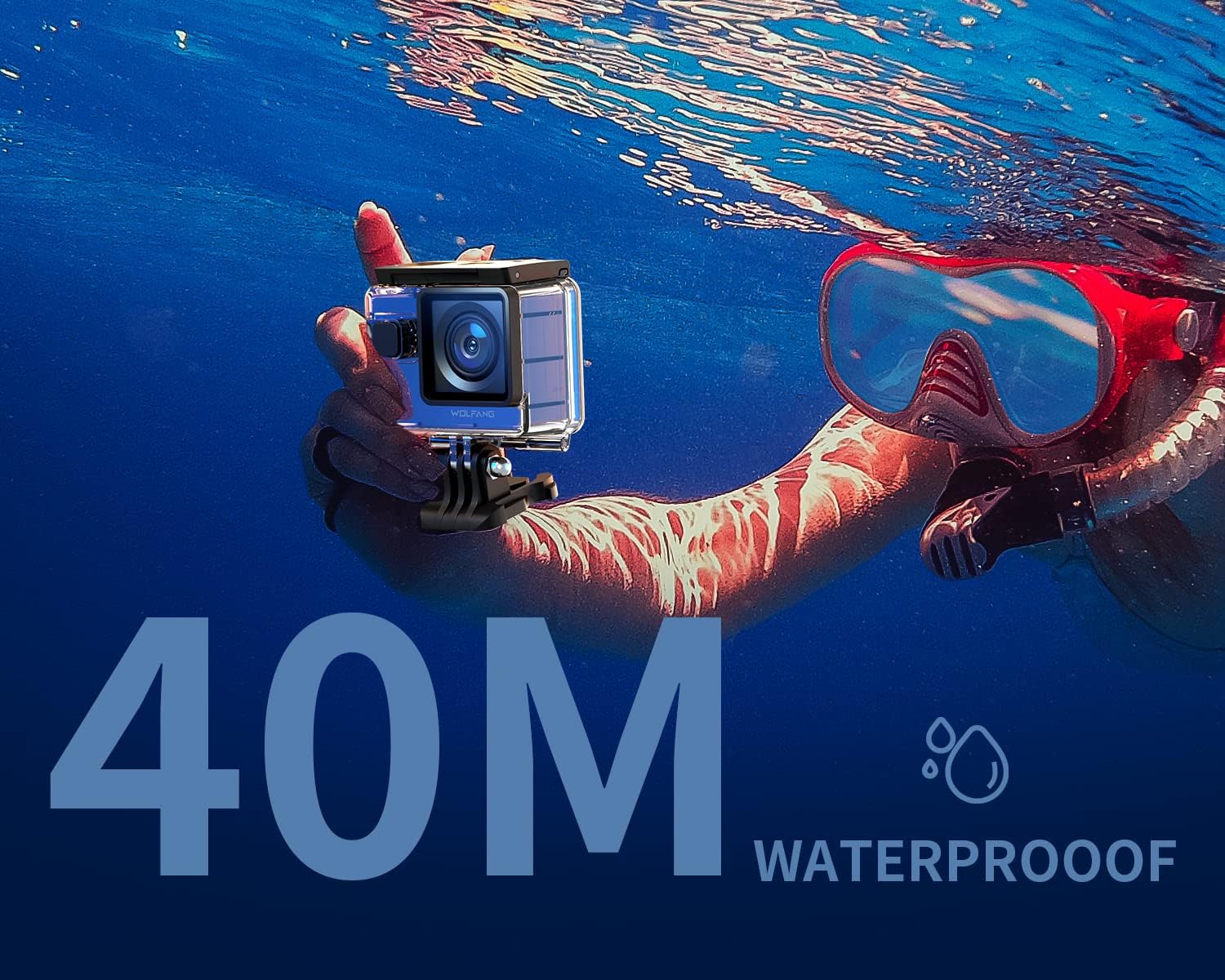 WOLFANG Action Camera 4K 60FPS 24MP GA300, WiFi 8X Zoom EIS Vlogging Camera, 40M Waterproof Underwater Camera for Snorkeling, External Mic, Remote Control and Helmet Accessories Kit for Cycling - Amazing Gadgets Outlet