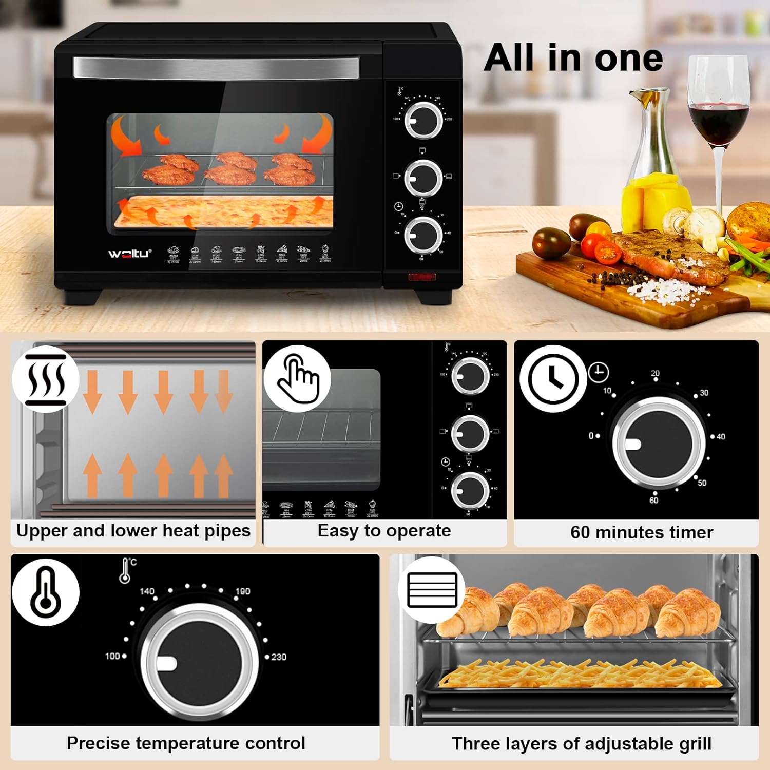 WOLTU Mini Oven 21L, Toaster Oven Electric Oven, Small Oven Countertop Oven with Knobs, 60 - Minute Timer, 100 - 230°C Thermostat, 1280W, Double Glazed Door, Top/Bottom Heating, Black - Amazing Gadgets Outlet