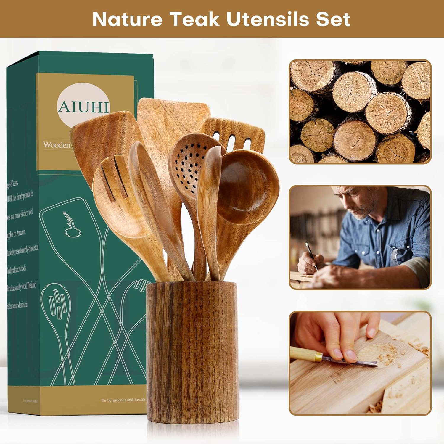 Wooden Kitchen Utensils Nonstick Kitchen Utensils Natural Teak Wood Utensils for Kitchen Kitchen Utensils Wooden Kitchen Utensils with Spatula and Ladle (10) - Amazing Gadgets Outlet