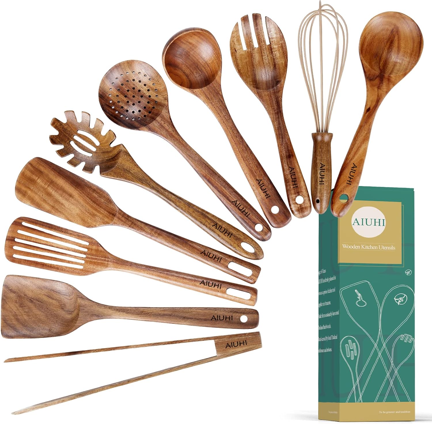 Wooden Kitchen Utensils Nonstick Kitchen Utensils Natural Teak Wood Utensils for Kitchen Kitchen Utensils Wooden Kitchen Utensils with Spatula and Ladle (10) - Amazing Gadgets Outlet