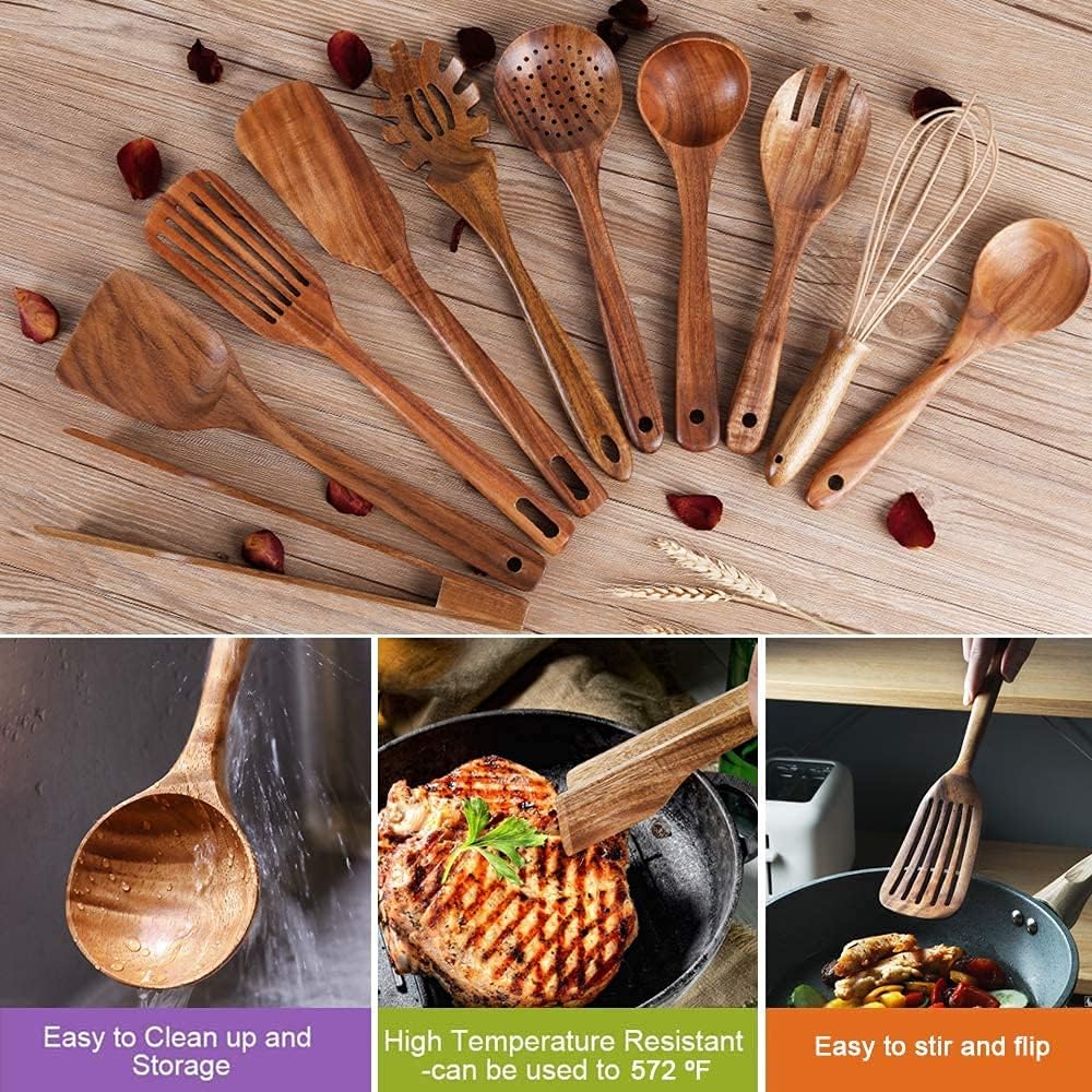 Wooden Kitchen Utensils Nonstick Kitchen Utensils Natural Teak Wood Utensils for Kitchen Kitchen Utensils Wooden Kitchen Utensils with Spatula and Ladle (10) - Amazing Gadgets Outlet