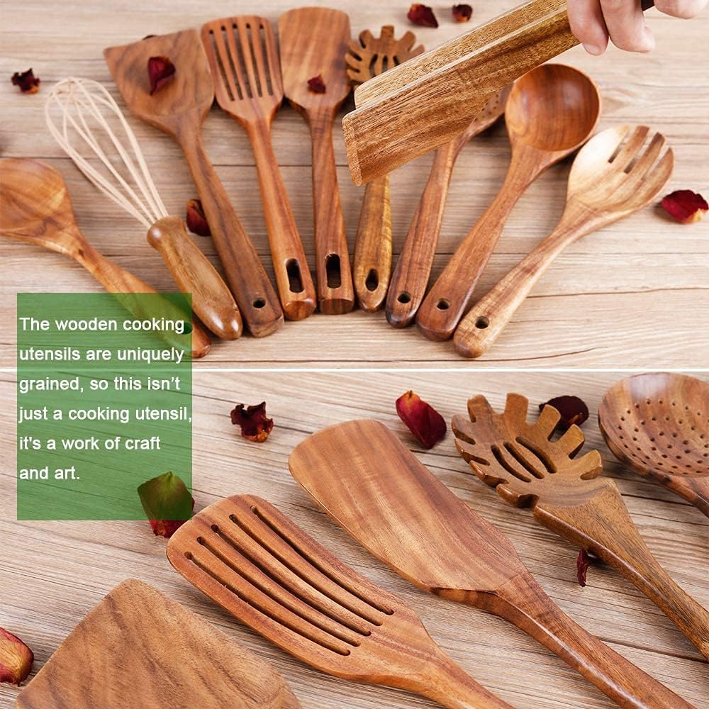 Wooden Kitchen Utensils Nonstick Kitchen Utensils Natural Teak Wood Utensils for Kitchen Kitchen Utensils Wooden Kitchen Utensils with Spatula and Ladle (10) - Amazing Gadgets Outlet