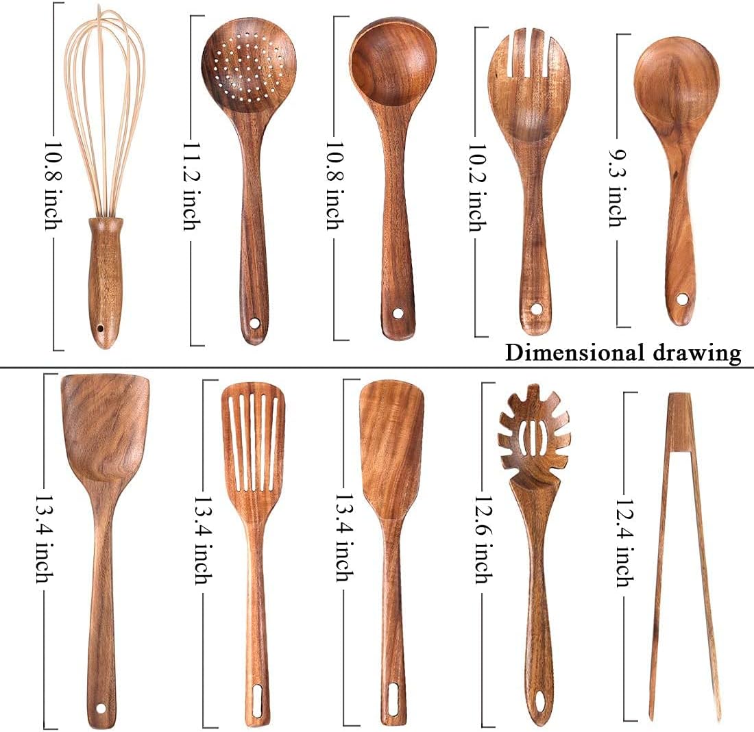 Wooden Kitchen Utensils Nonstick Kitchen Utensils Natural Teak Wood Utensils for Kitchen Kitchen Utensils Wooden Kitchen Utensils with Spatula and Ladle (10) - Amazing Gadgets Outlet