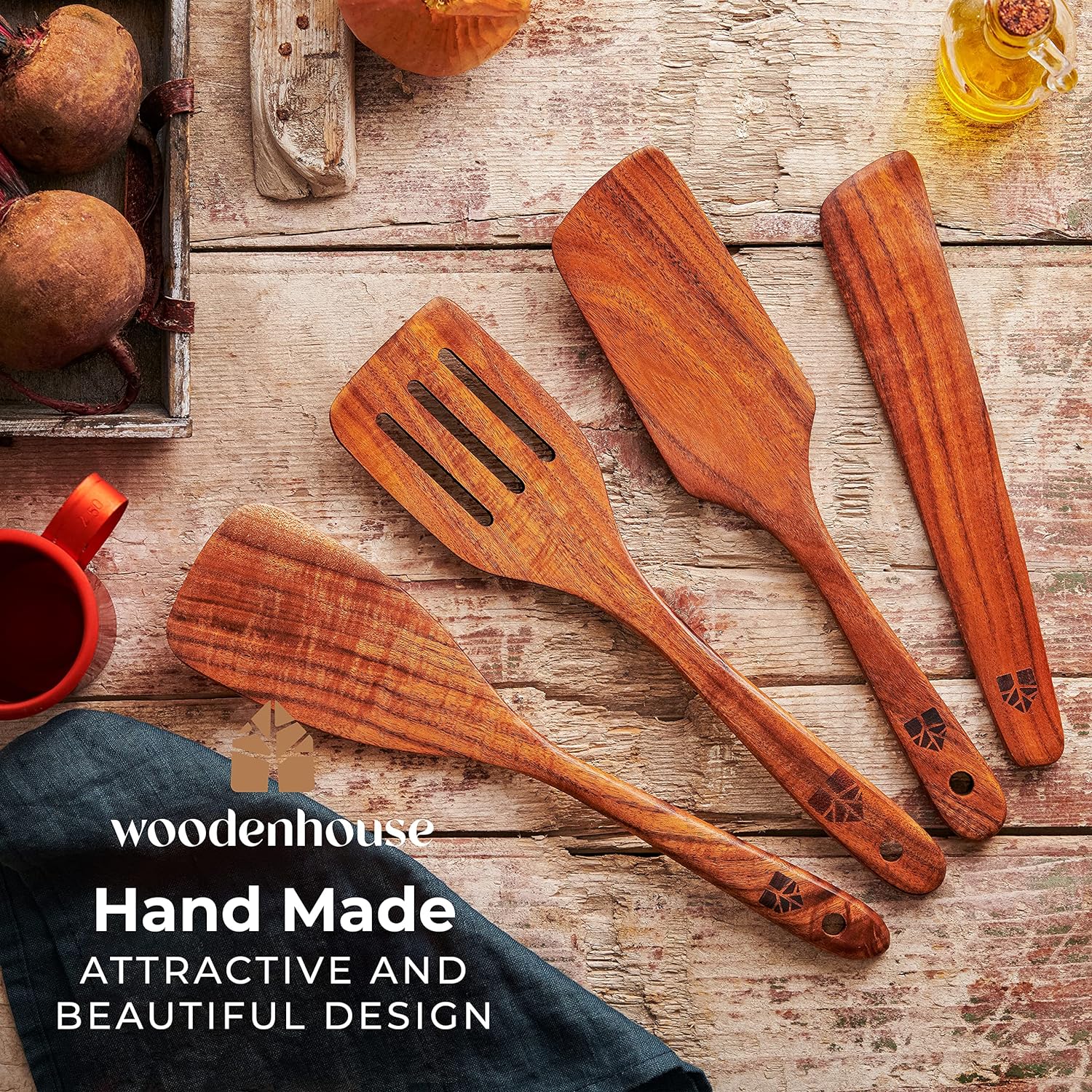 Wooden Spatula for Cooking, Kitchen Spatula Set of 4, Natural Teak Wooden Utensils Including Wooden Paddle, Turner Spatula, Slotted Spatula and Wood Scraper. Nonstick cookware. - Amazing Gadgets Outlet