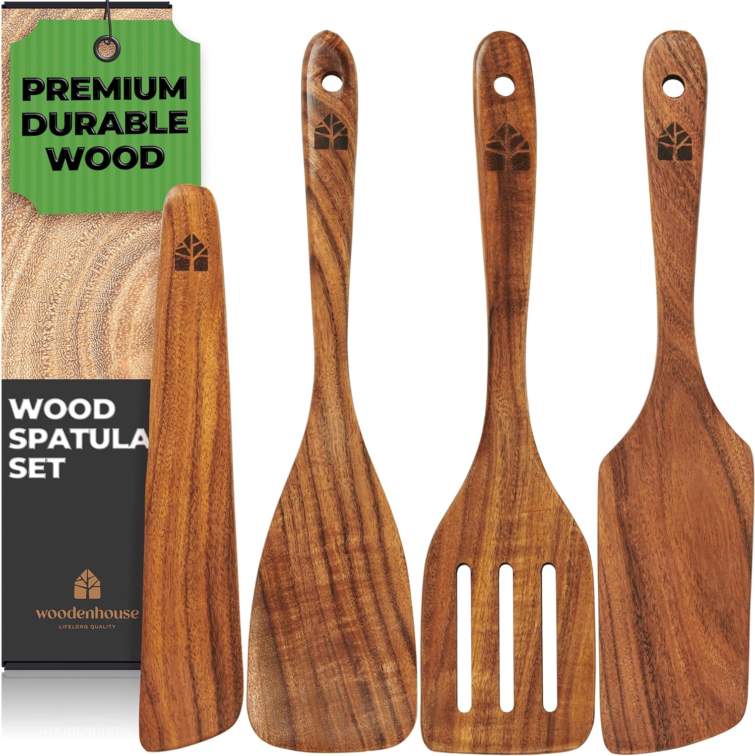 Wooden Spatula for Cooking, Kitchen Spatula Set of 4, Natural Teak Wooden Utensils Including Wooden Paddle, Turner Spatula, Slotted Spatula and Wood Scraper. Nonstick cookware. - Amazing Gadgets Outlet