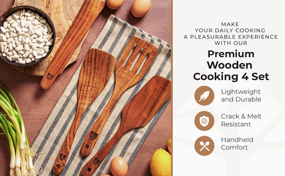 Wooden Spatula for Cooking, Kitchen Spatula Set of 4, Natural Teak Wooden Utensils Including Wooden Paddle, Turner Spatula, Slotted Spatula and Wood Scraper. Nonstick cookware. - Amazing Gadgets Outlet