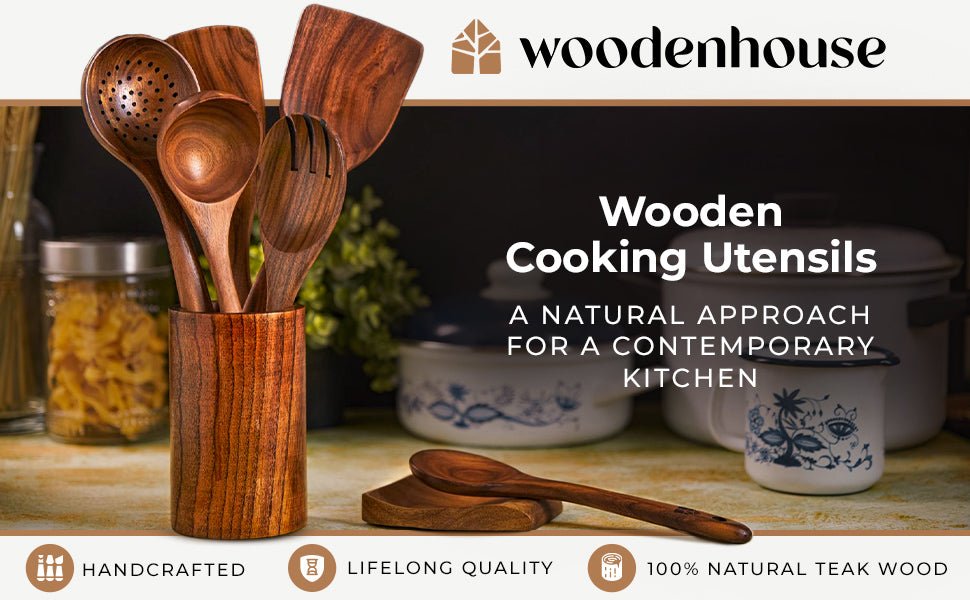 Wooden Spoons for Cooking – Wooden Utensils for Cooking Set with Holder, Spoon Rest & Hanging Hooks, Teak Wood Nonstick Kitchen Cookware – Durable Set of 8pcs by Woodenhouse - Amazing Gadgets Outlet