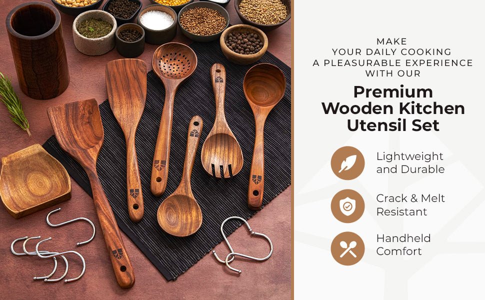 Wooden Spoons for Cooking – Wooden Utensils for Cooking Set with Holder, Spoon Rest & Hanging Hooks, Teak Wood Nonstick Kitchen Cookware – Durable Set of 8pcs by Woodenhouse - Amazing Gadgets Outlet