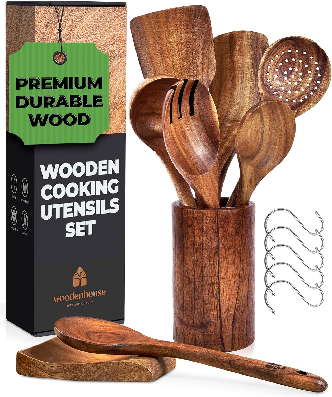 Wooden Spoons for Cooking – Wooden Utensils for Cooking Set with Holder, Spoon Rest & Hanging Hooks, Teak Wood Nonstick Kitchen Cookware – Durable Set of 8pcs by Woodenhouse - Amazing Gadgets Outlet