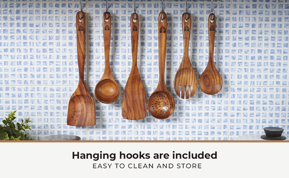 Wooden Spoons for Cooking – Wooden Utensils for Cooking Set with Holder, Spoon Rest & Hanging Hooks, Teak Wood Nonstick Kitchen Cookware – Durable Set of 8pcs by Woodenhouse - Amazing Gadgets Outlet