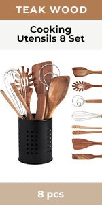 Wooden Spoons for Cooking – Wooden Utensils for Cooking Set with Holder, Spoon Rest & Hanging Hooks, Teak Wood Nonstick Kitchen Cookware – Durable Set of 8pcs by Woodenhouse - Amazing Gadgets Outlet