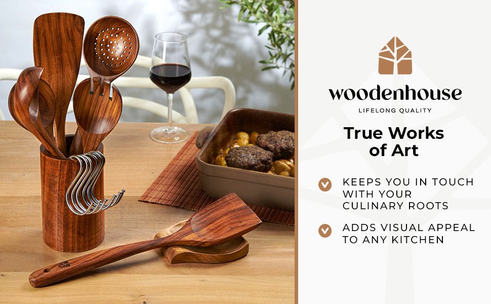 Wooden Spoons for Cooking – Wooden Utensils for Cooking Set with Holder, Spoon Rest & Hanging Hooks, Teak Wood Nonstick Kitchen Cookware – Durable Set of 8pcs by Woodenhouse - Amazing Gadgets Outlet