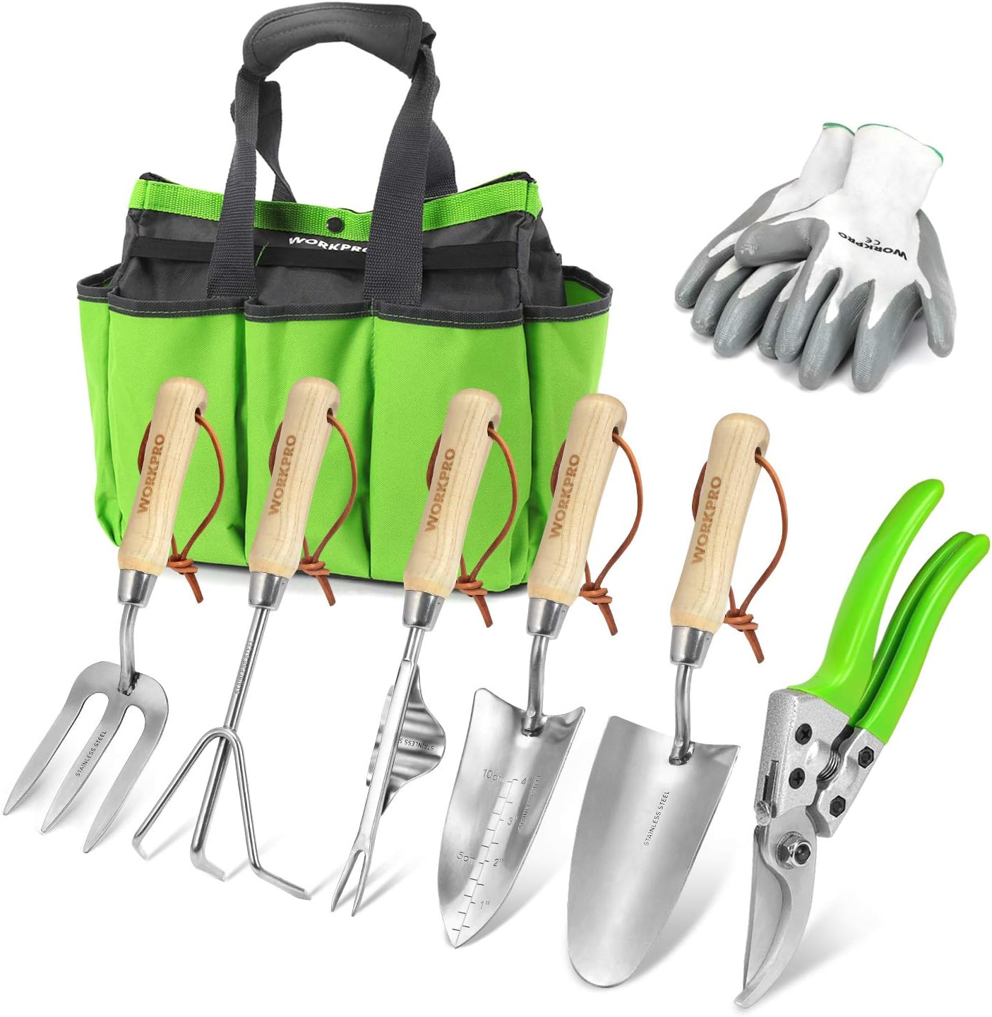 WORKPRO 7 Piece Garden Tools Set, Stainless Steel Hand Tools with Wooden Handle, Including Gloves, Trowel, Weeder, Hand fork, Hand Rake, Transplanter, Pruner and Garden Tote   Import  Single ASIN  Import  Multiple ASIN ×Product customization - Amazing Gadgets Outlet