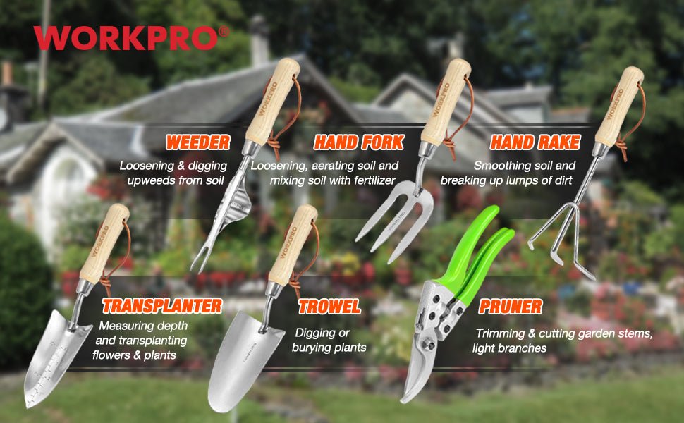 WORKPRO 7 Piece Garden Tools Set, Stainless Steel Hand Tools with Wooden Handle, Including Gloves, Trowel, Weeder, Hand fork, Hand Rake, Transplanter, Pruner and Garden Tote   Import  Single ASIN  Import  Multiple ASIN ×Product customization - Amazing Gadgets Outlet