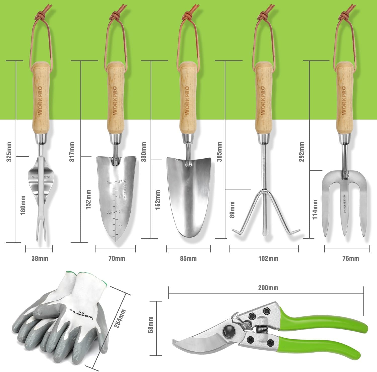 WORKPRO 7 Piece Garden Tools Set, Stainless Steel Hand Tools with Wooden Handle, Including Gloves, Trowel, Weeder, Hand fork, Hand Rake, Transplanter, Pruner and Garden Tote   Import  Single ASIN  Import  Multiple ASIN ×Product customization - Amazing Gadgets Outlet