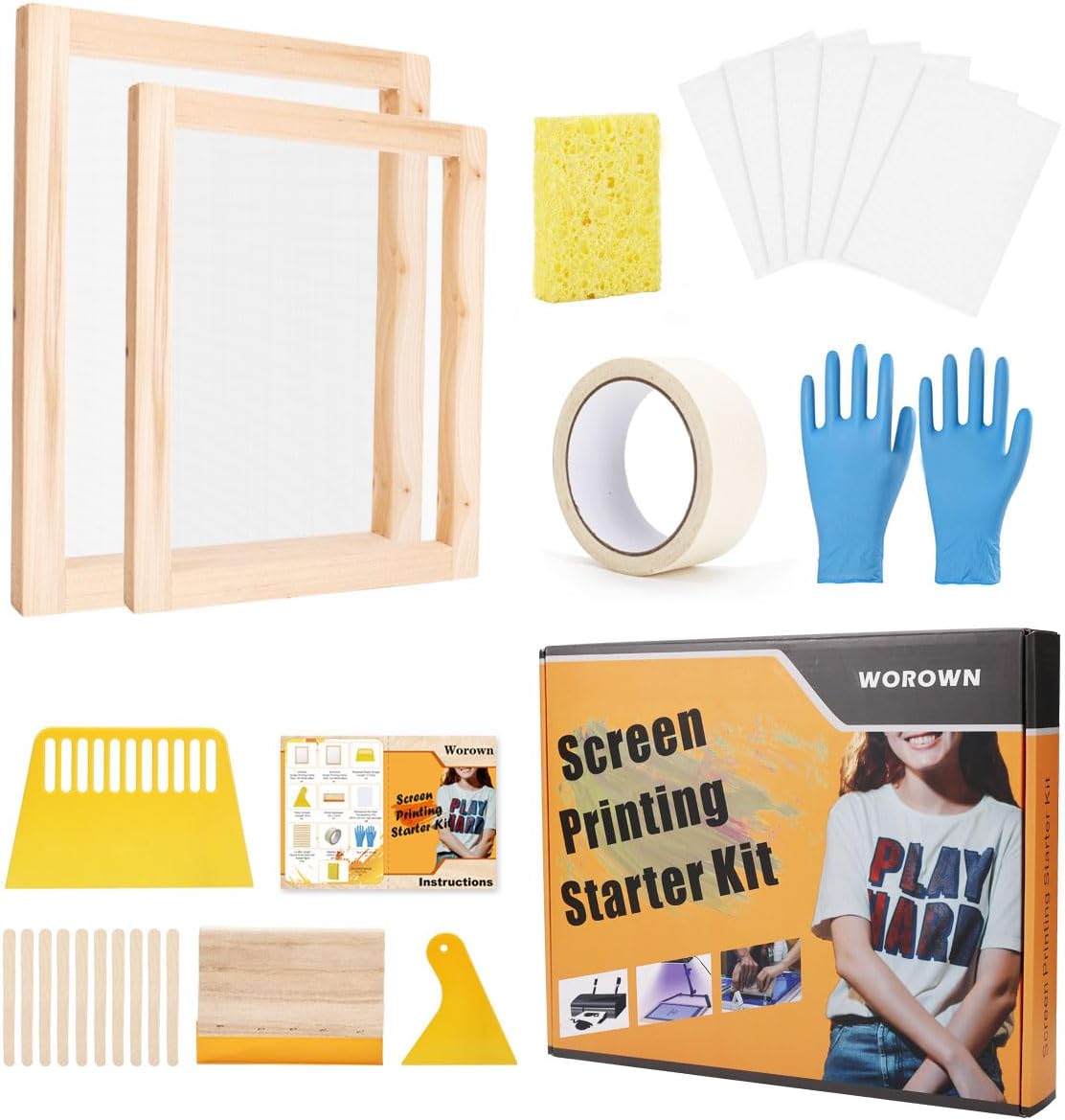 Worown 23 Pack Screen Printing Kit, 2 Sizes of Aluminium Screen Printing Frame with 110 White Mesh, Including Squeegees, Inkjet Transparency Film, Wooden Sticks, and Masking Tape for Screen Printing - Amazing Gadgets Outlet