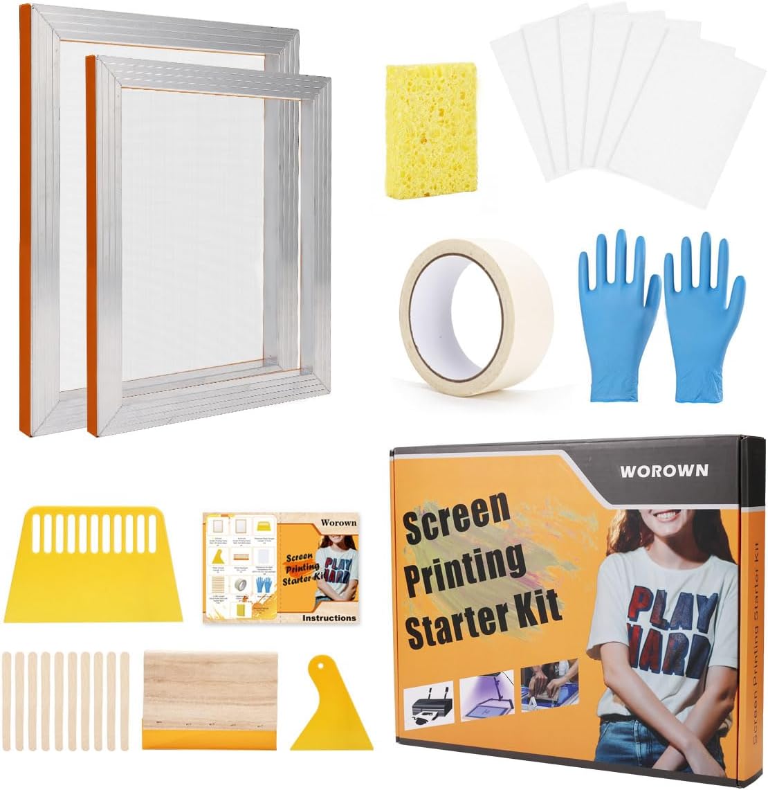 Worown 23 Pack Screen Printing Kit, 2 Sizes of Aluminium Screen Printing Frame with 110 White Mesh, Including Squeegees, Inkjet Transparency Film, Wooden Sticks, and Masking Tape for Screen Printing - Amazing Gadgets Outlet