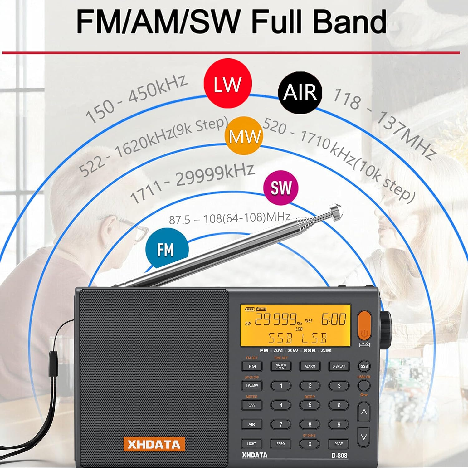 XHDATA D - 808 Portable Digital Radio FM stereo/SW/MW/LW SSB RDS Air Band Multi Band Radio Speaker with LCD Display Alarm Clock External Antenna - Amazing Gadgets Outlet