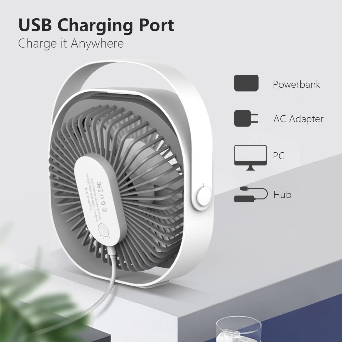 Xoali Desk Fan USB 4000 mAh,8 Inch Portable Fan,3 Speeds Desktop Table Fan,Rechargeable Cooling Fan,Strong Airflow,Quiet Fans for Bedroom,Home,Car,Outdoor Use (White and Gray) - Amazing Gadgets Outlet