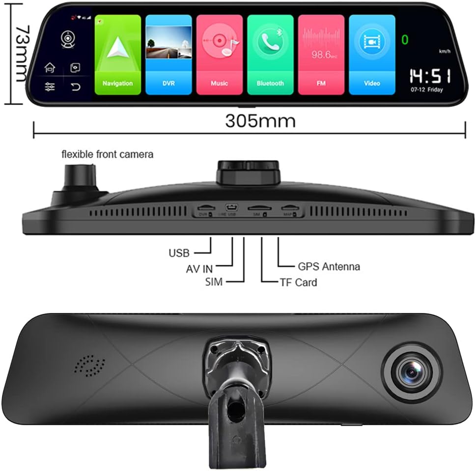 XRC TECH Smart Android Rearview Mirror Dash Cam For Cars,Special Bracket, Front And Rear Dual Lens FHD 1080P,4G Network,WiFi,ADAS,GPS Navigation,Bluetooth,Remote Monitoring (64GB Card Included) - Amazing Gadgets Outlet