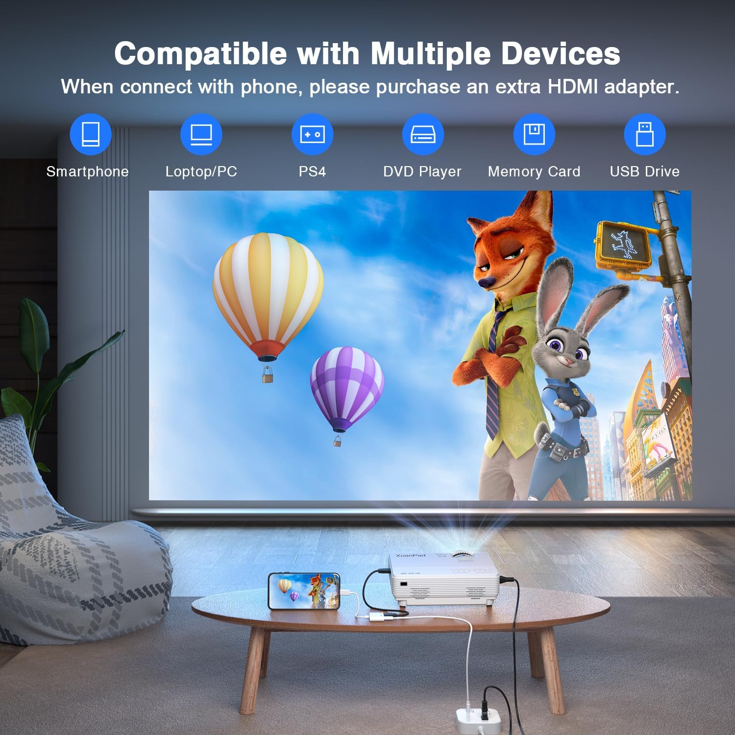 XuanPad Projector, 2024 Upgraded Mini Projector, Portable Video Projector HD 1080P Supported, 14000L Home Projector, Compatible with TV Stick, HDMI, USB, AV, Laptop, iPhone, Android Smartphone - Amazing Gadgets Outlet