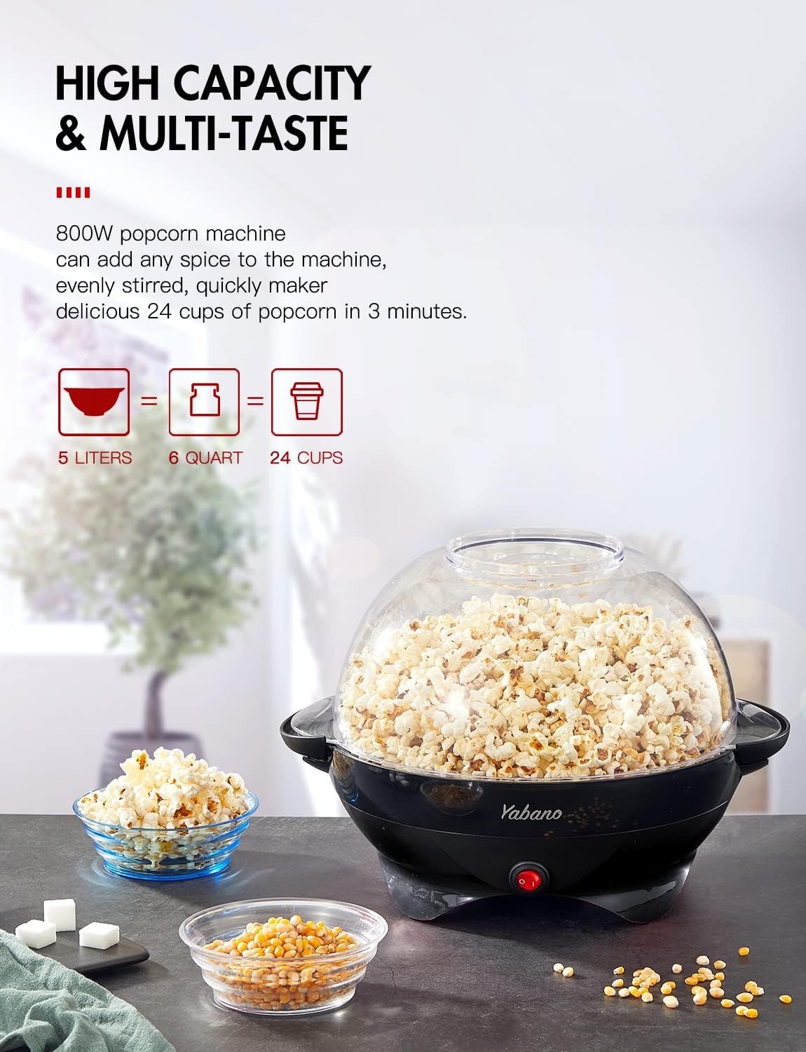 Yabano Popcorn Maker Machine, 5L Popcorn Popper, Nonstick Plate, Electric Stirring with Quick - Heat Technology, Cool Touch Handles, Healthy Less Fat, 800W, BLACK - Amazing Gadgets Outlet