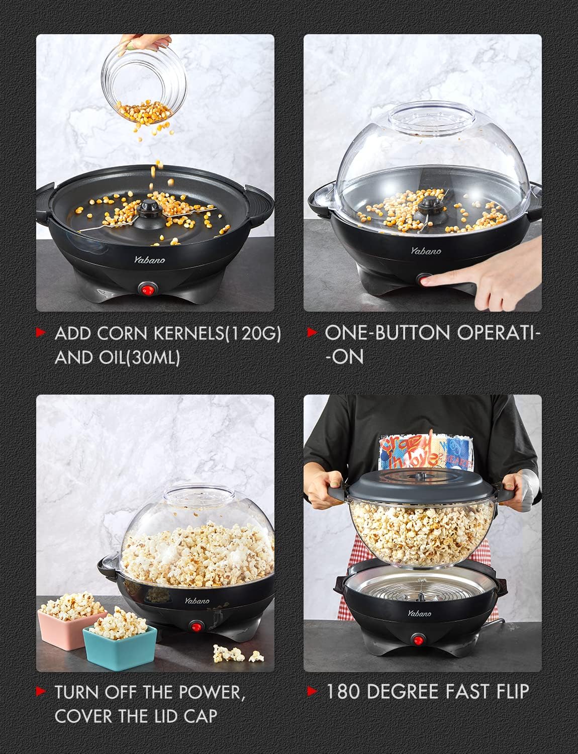Yabano Popcorn Maker Machine, 5L Popcorn Popper, Nonstick Plate, Electric Stirring with Quick - Heat Technology, Cool Touch Handles, Healthy Less Fat, 800W, BLACK - Amazing Gadgets Outlet